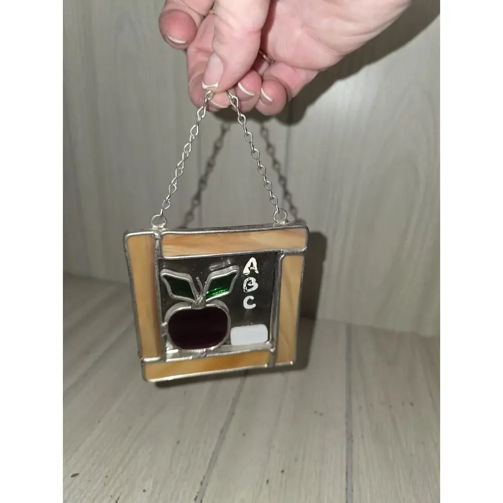 Vtg Stained Glass Suncather ABC Apple Teachers Gift School 4x4 Square Chalk